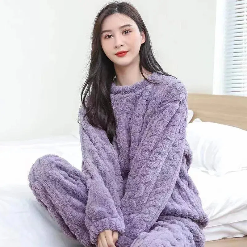 LVSANW Thickened Warm Autumn and Winter Flannel Pajamas Women Long-Sleeved Solid Striped Homewear Black Plus Size School Loungewear