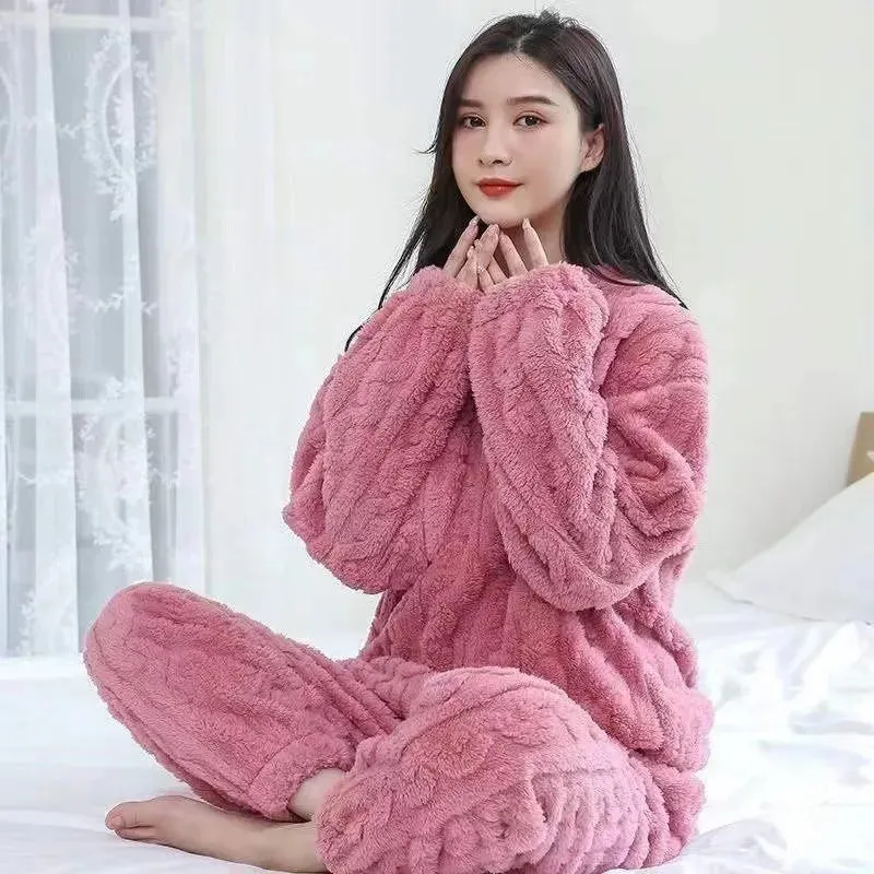 LVSANW Thickened Warm Autumn and Winter Flannel Pajamas Women Long-Sleeved Solid Striped Homewear Black Plus Size School Loungewear
