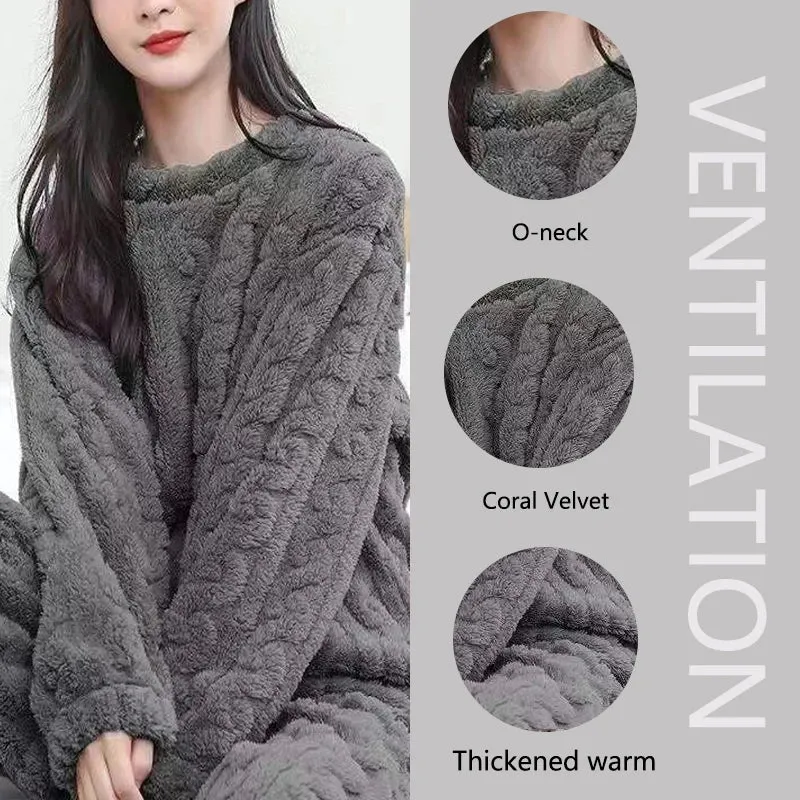 LVSANW Thickened Warm Autumn and Winter Flannel Pajamas Women Long-Sleeved Solid Striped Homewear Black Plus Size School Loungewear