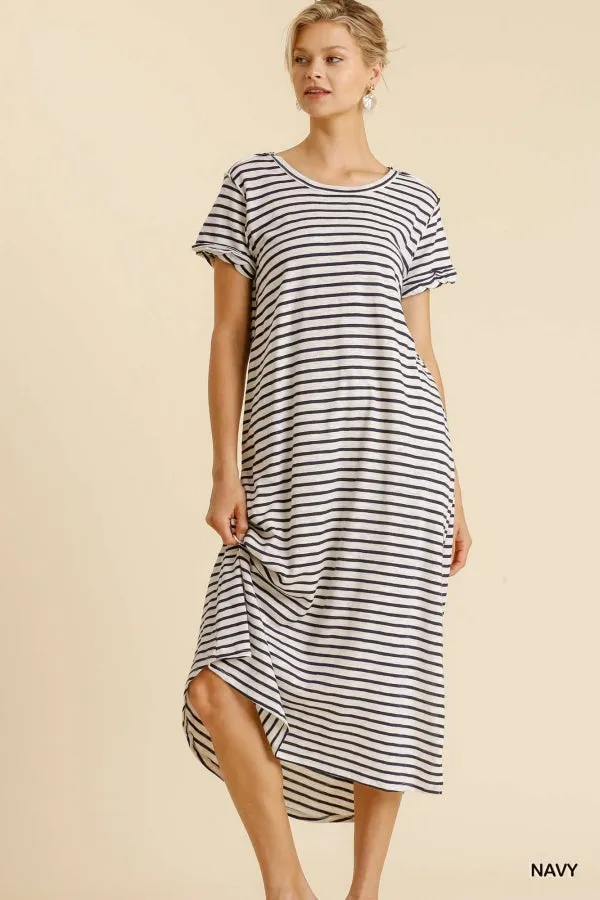 Maxi Striped T-Shirt Pocket Side Slit Details Dress