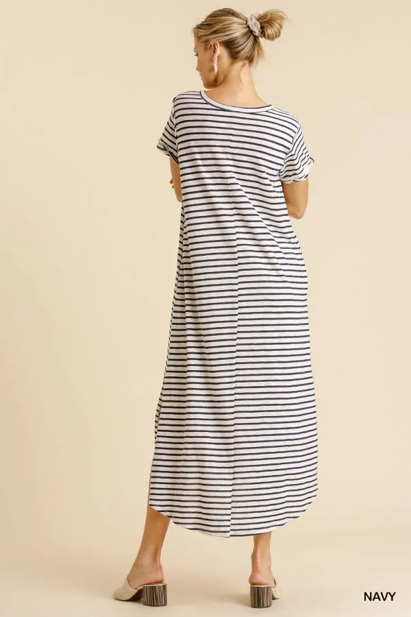 Maxi Striped T-Shirt Pocket Side Slit Details Dress