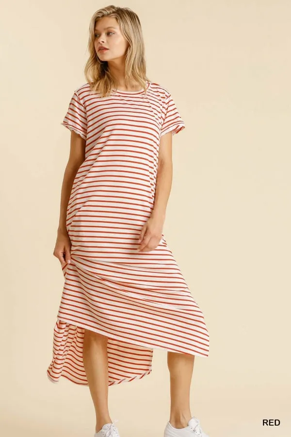 Maxi Striped T-Shirt Pocket Side Slit Details Dress
