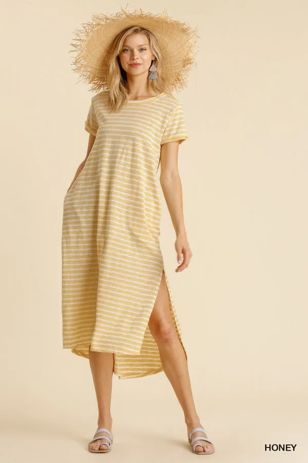 Maxi Striped T-Shirt Pocket Side Slit Details Dress