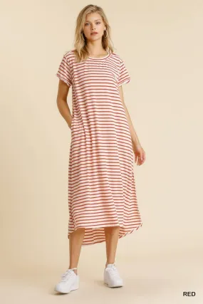 Maxi Striped T-Shirt Pocket Side Slit Details Dress
