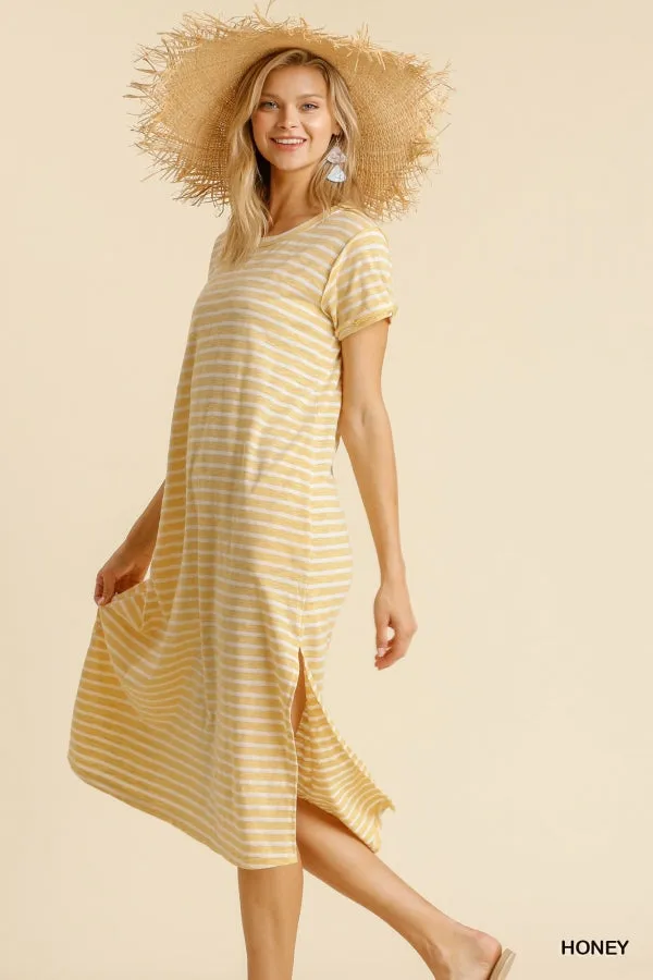 Maxi Striped T-Shirt Pocket Side Slit Details Dress
