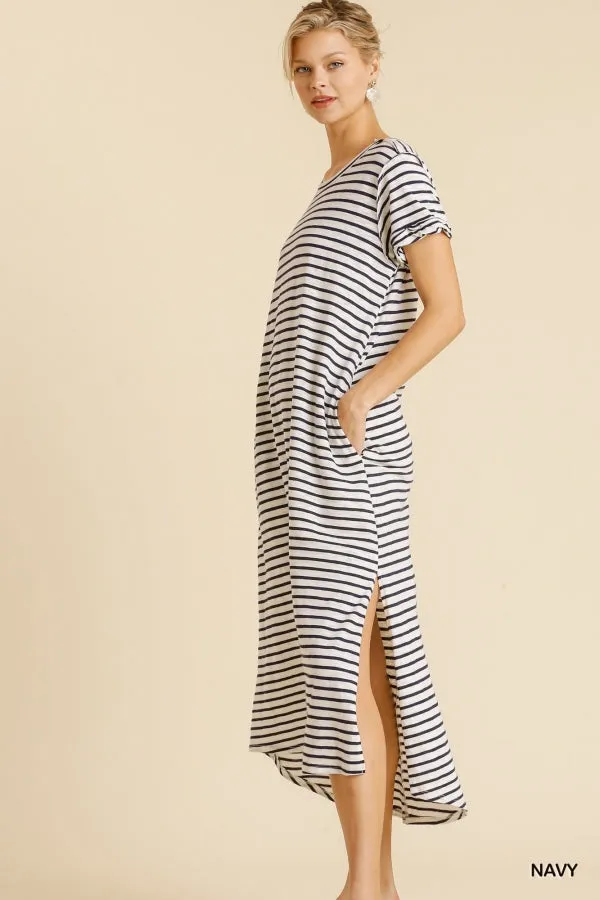 Maxi Striped T-Shirt Pocket Side Slit Details Dress