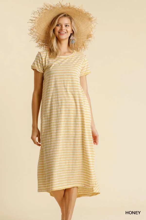 Maxi Striped T-Shirt Pocket Side Slit Details Dress