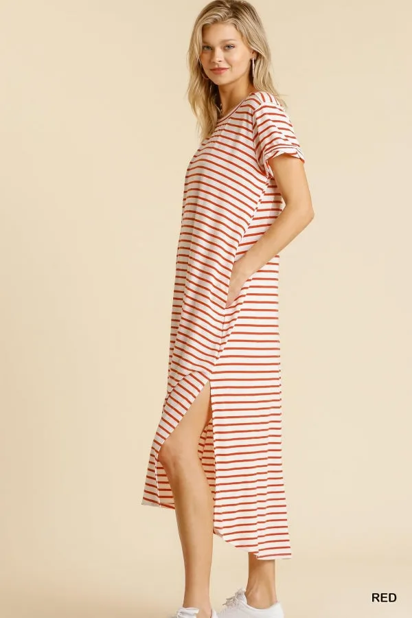 Maxi Striped T-Shirt Pocket Side Slit Details Dress