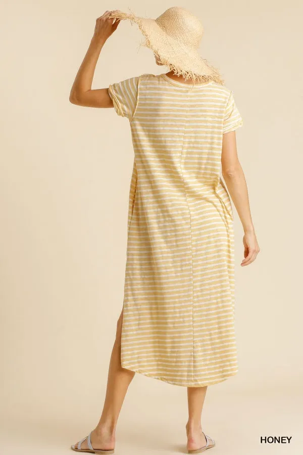 Maxi Striped T-Shirt Pocket Side Slit Details Dress