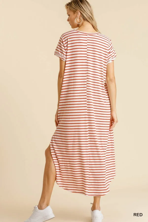 Maxi Striped T-Shirt Pocket Side Slit Details Dress
