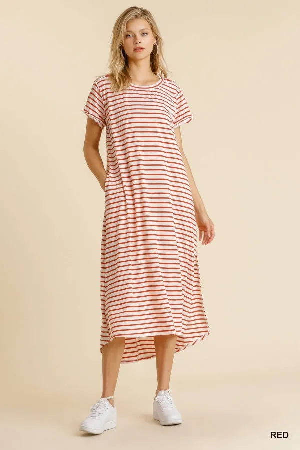 Maxi Striped T-Shirt Pocket Side Slit Details Dress