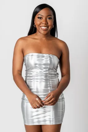 Metallic strapless mini dress silver