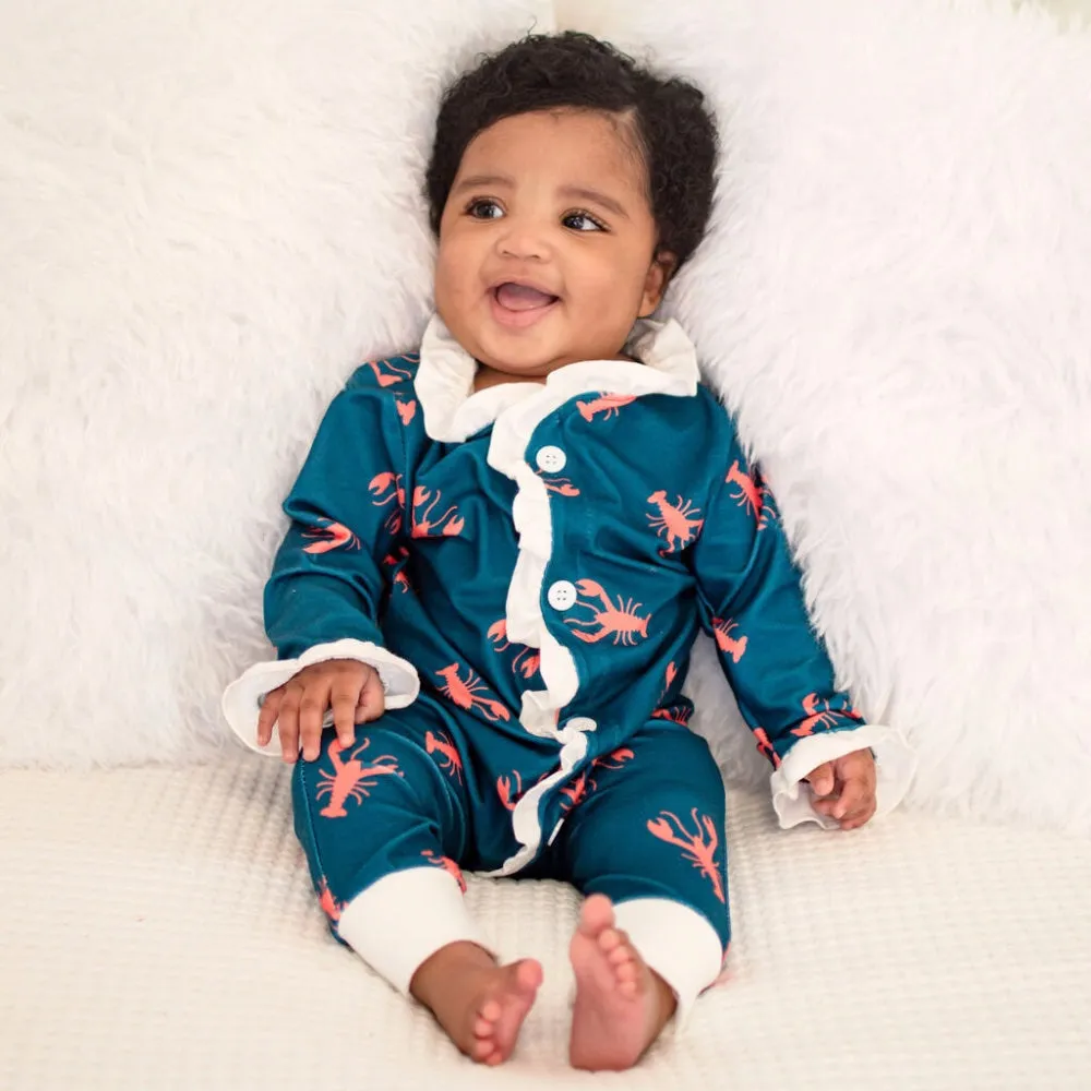 One-Piece Ruffle Buttflap Pajamas - Navy Crawfish