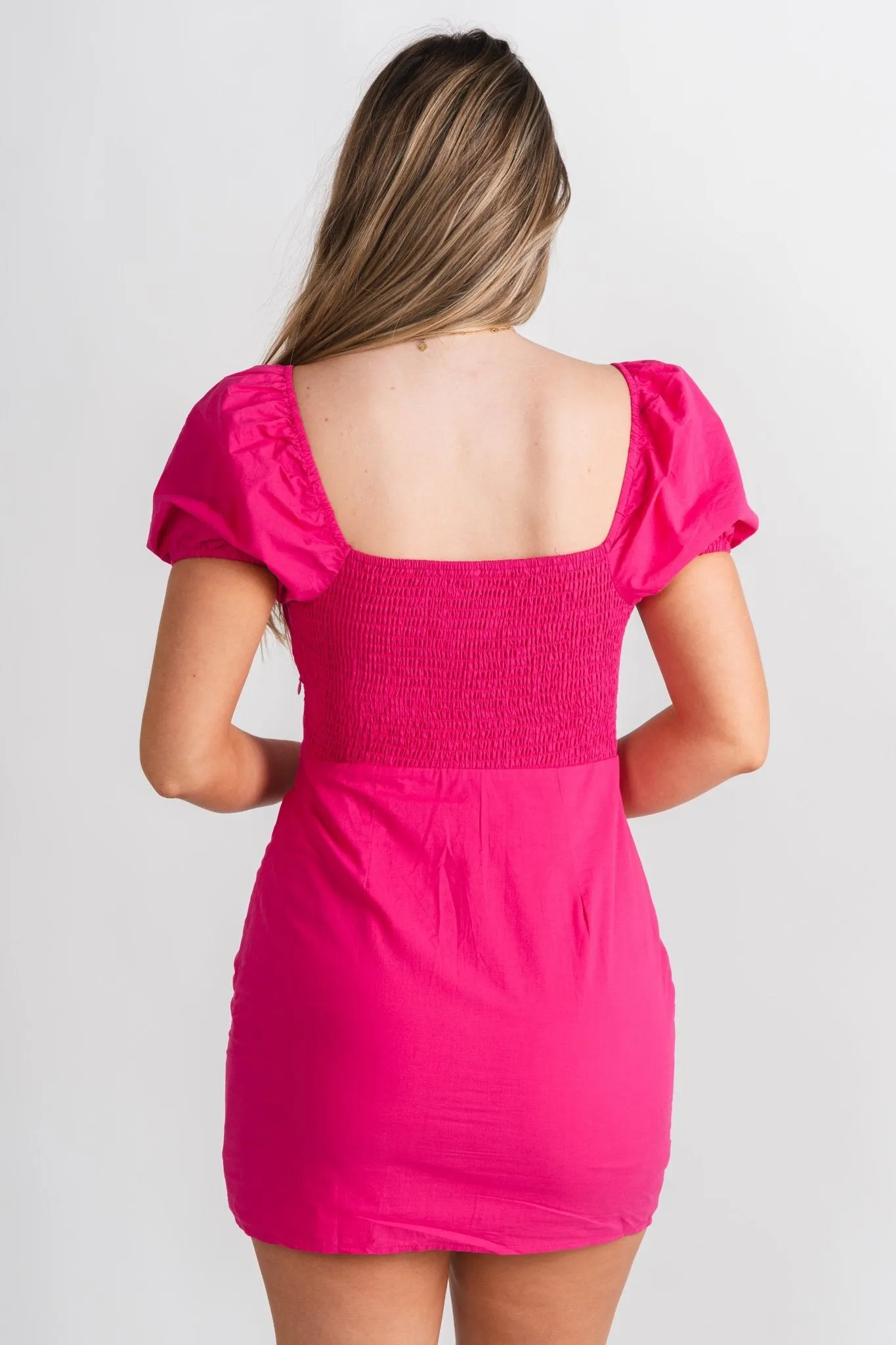Puff sleeve cotton mini dress fuchsia