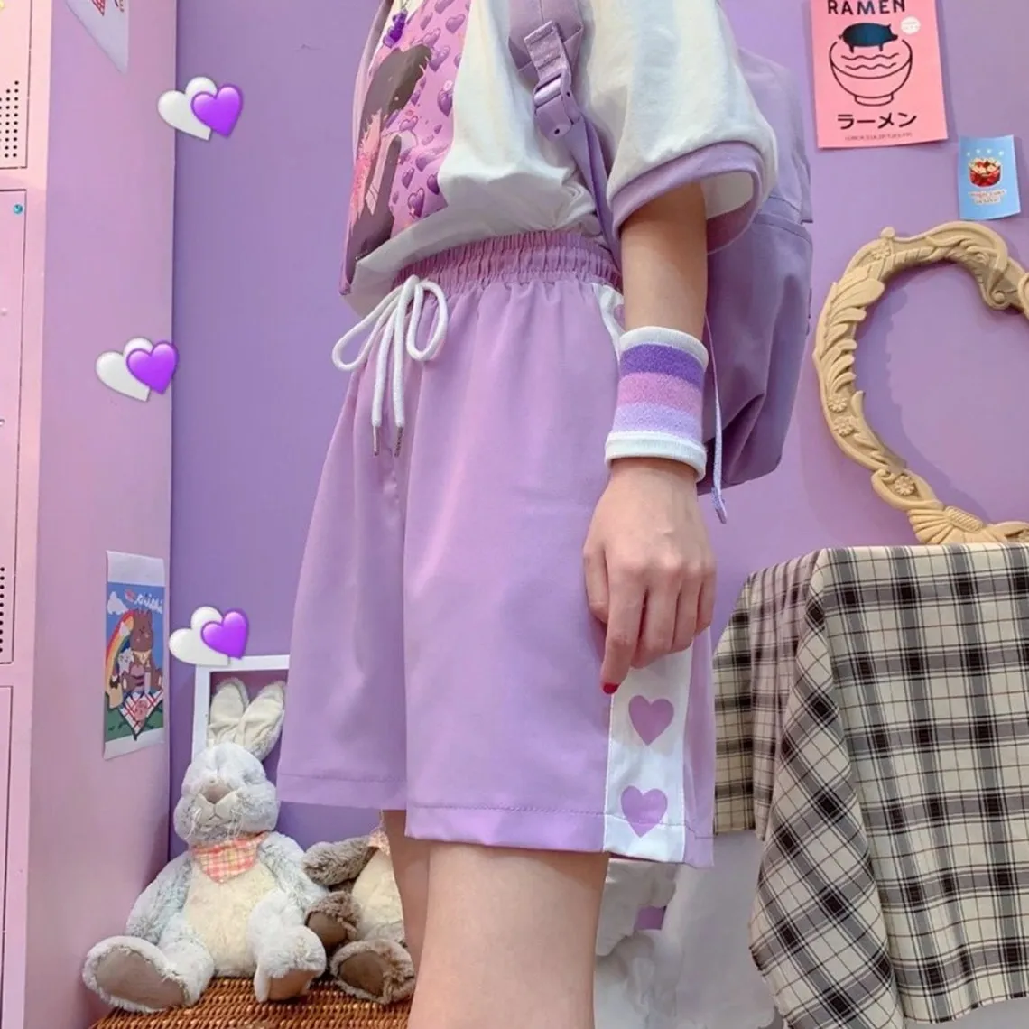 Purple Kawaii Heart Print Patchwork Style Wide Leg Shorts