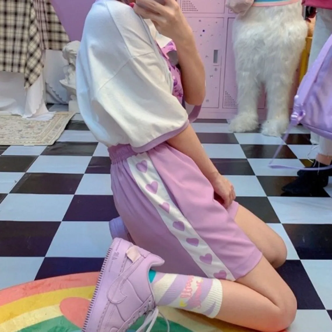 Purple Kawaii Heart Print Patchwork Style Wide Leg Shorts