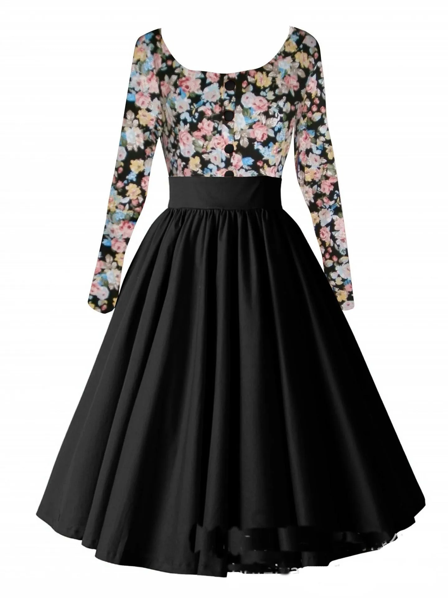 Retro Hepburn Floral Print Patchwork Long Sleeves Dress
