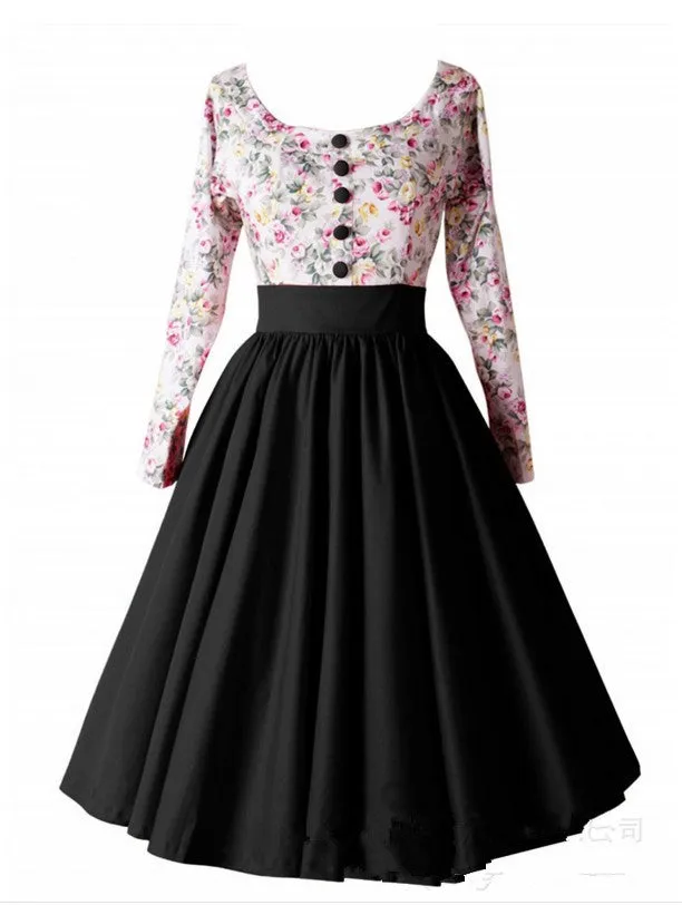 Retro Hepburn Floral Print Patchwork Long Sleeves Dress
