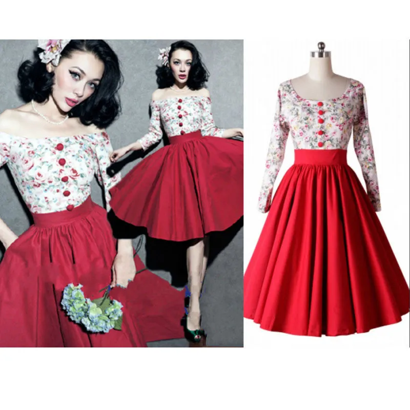 Retro Hepburn Floral Print Patchwork Long Sleeves Dress