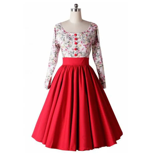 Retro Hepburn Floral Print Patchwork Long Sleeves Dress