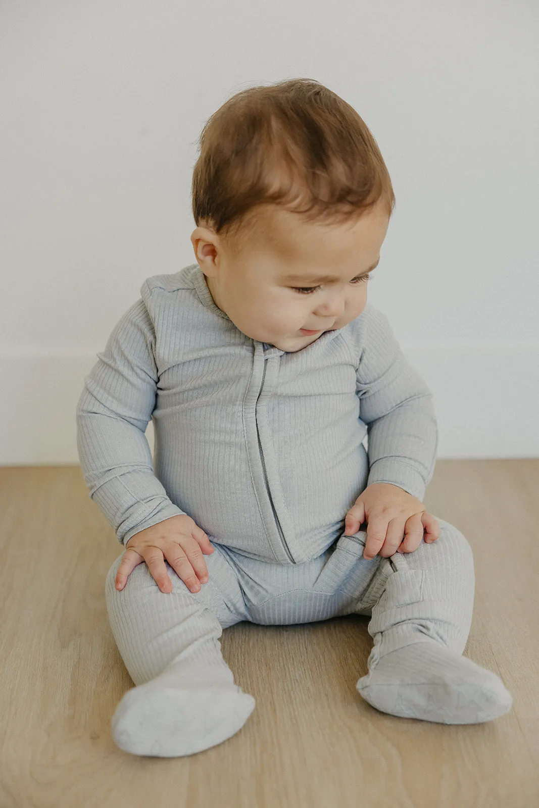 Rib Knit Zip-Up Footie Pajama - Ash