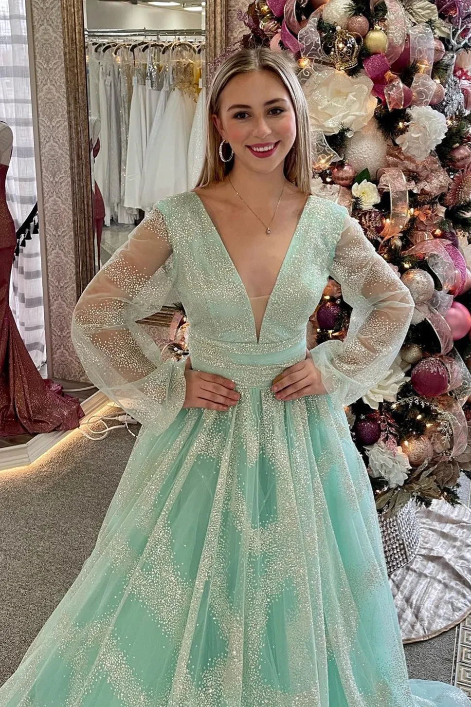 Sandy | Dusty Sage Plunging V Neck Illusion Sleeves Beaded Long Prom Dress