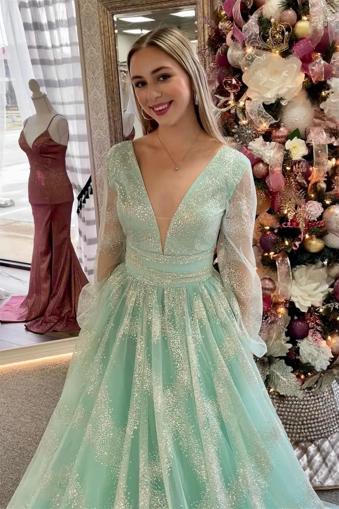 Sandy | Dusty Sage Plunging V Neck Illusion Sleeves Beaded Long Prom Dress
