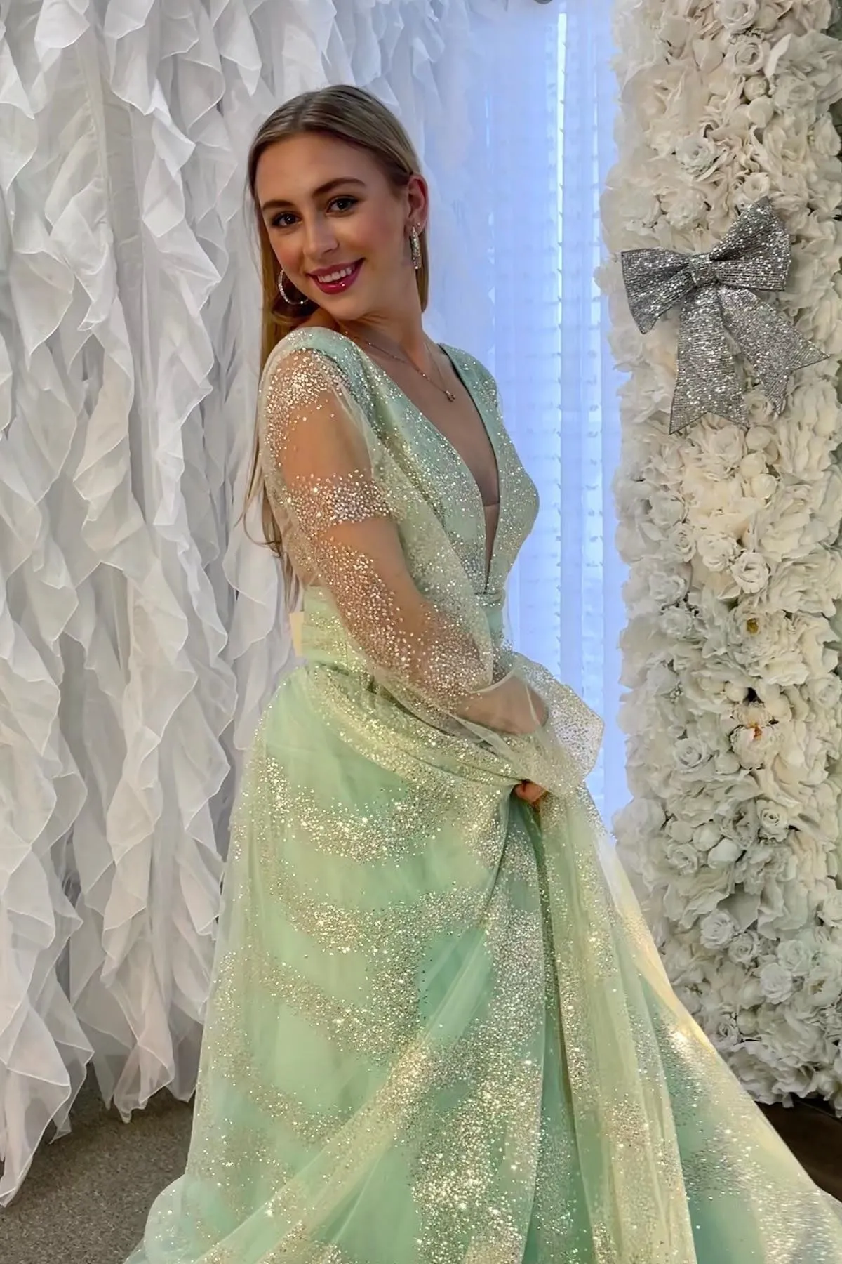 Sandy | Dusty Sage Plunging V Neck Illusion Sleeves Beaded Long Prom Dress