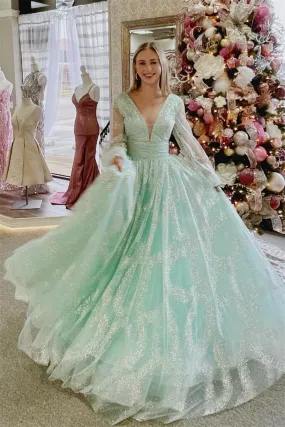 Sandy | Dusty Sage Plunging V Neck Illusion Sleeves Beaded Long Prom Dress