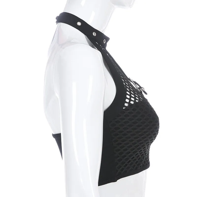 Sexy Black Mesh Tank Top Women Halter Crop Top