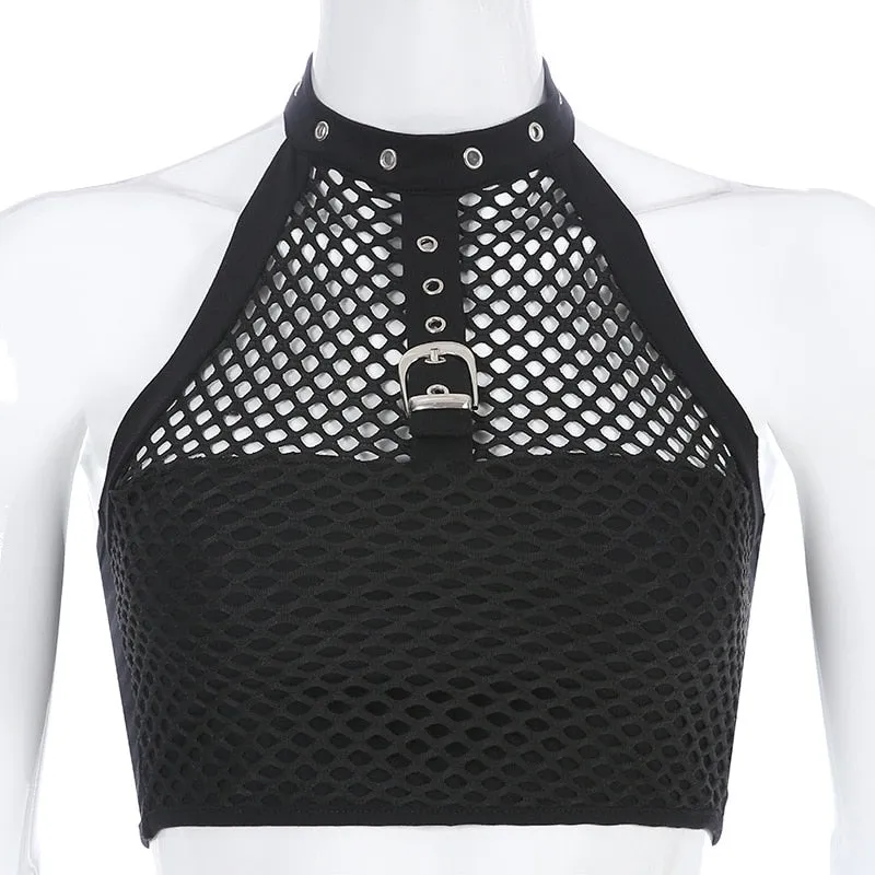 Sexy Black Mesh Tank Top Women Halter Crop Top