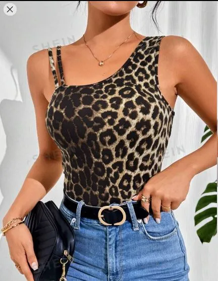 Shein Leopard Print Tank Top & Camis Asymmetric Collar Tight Plain Top, S /