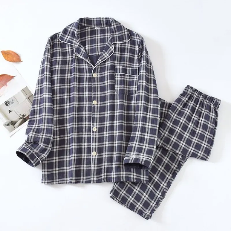 Simple Plaid Pajamas Suit Set