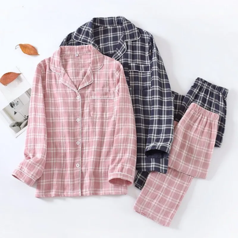 Simple Plaid Pajamas Suit Set