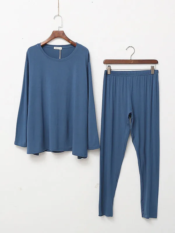 Simple Solid Color Long Sleeve Loose Modal Pajamas Sets