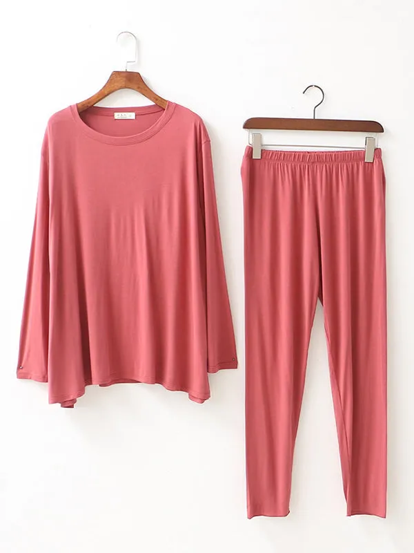 Simple Solid Color Long Sleeve Loose Modal Pajamas Sets