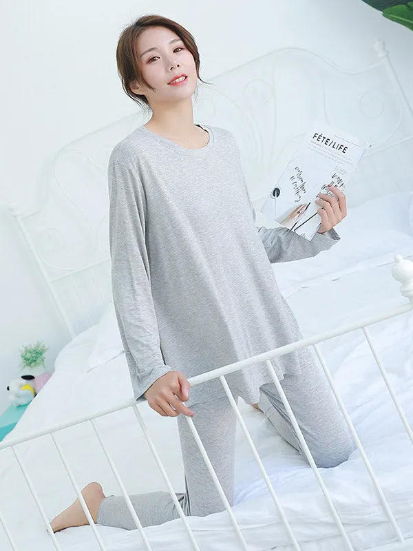 Simple Solid Color Long Sleeve Loose Modal Pajamas Sets