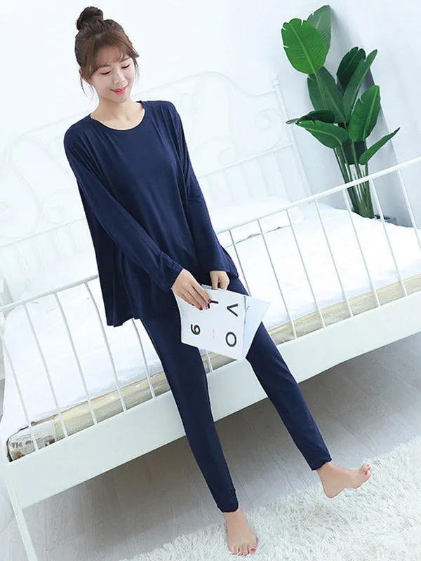 Simple Solid Color Long Sleeve Loose Modal Pajamas Sets
