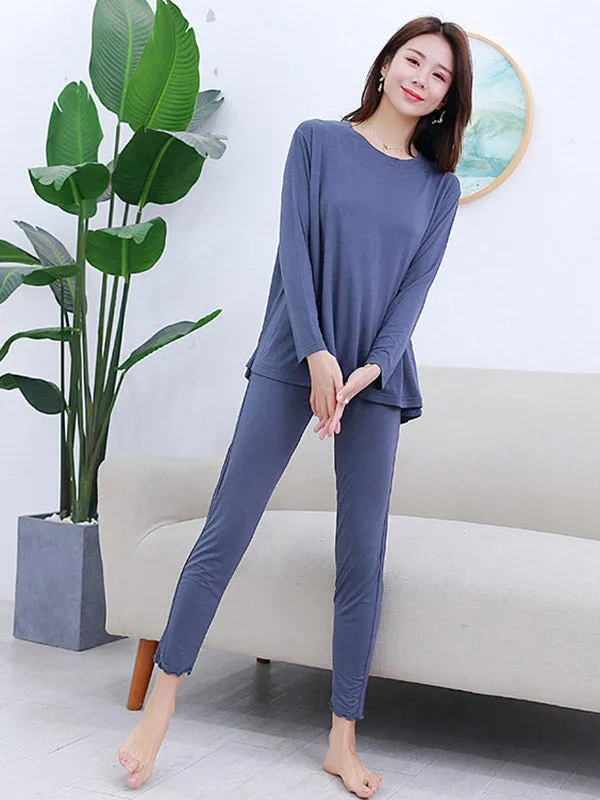 Simple Solid Color Long Sleeve Loose Modal Pajamas Sets