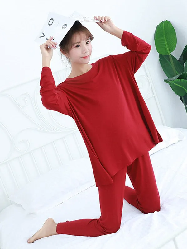 Simple Solid Color Long Sleeve Loose Modal Pajamas Sets