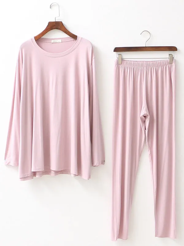 Simple Solid Color Long Sleeve Loose Modal Pajamas Sets