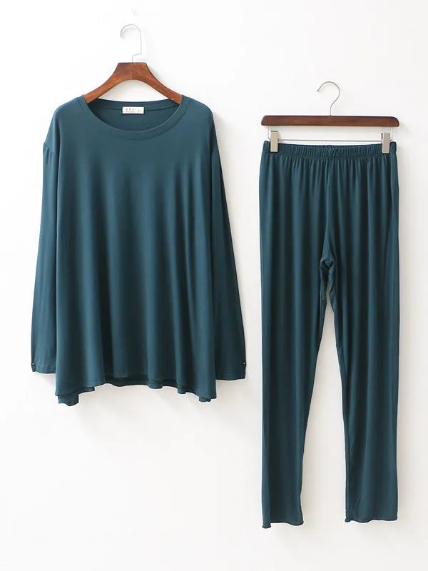 Simple Solid Color Long Sleeve Loose Modal Pajamas Sets