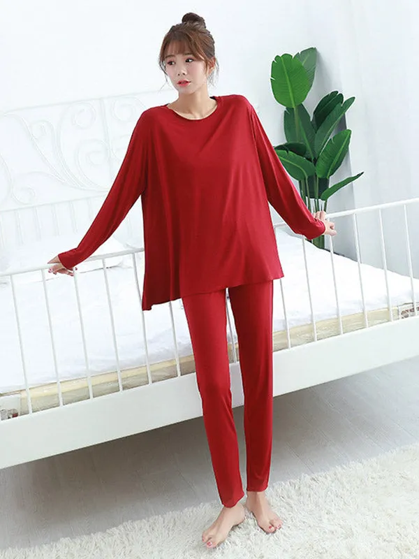 Simple Solid Color Long Sleeve Loose Modal Pajamas Sets