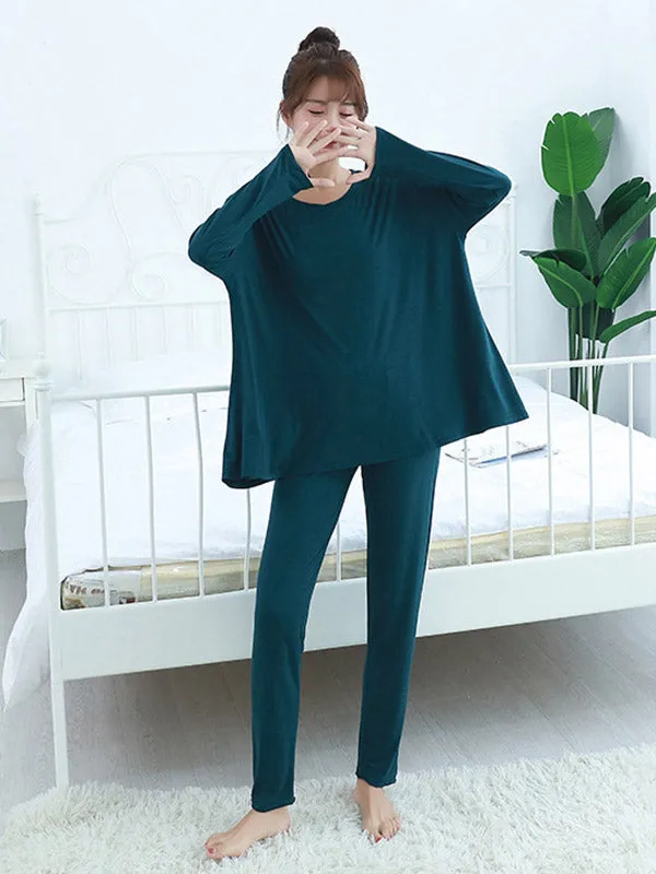Simple Solid Color Long Sleeve Loose Modal Pajamas Sets