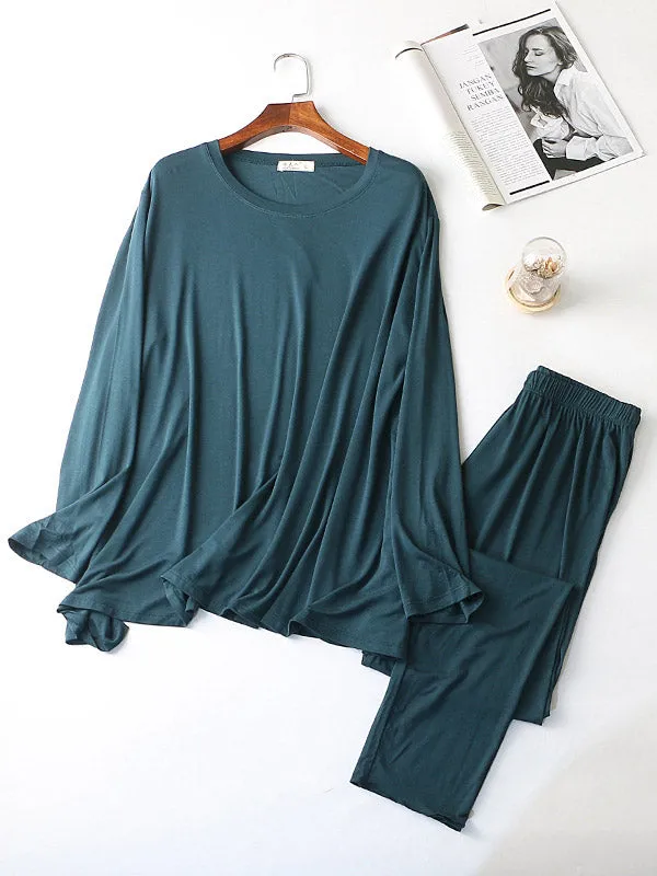 Simple Solid Color Long Sleeve Loose Modal Pajamas Sets