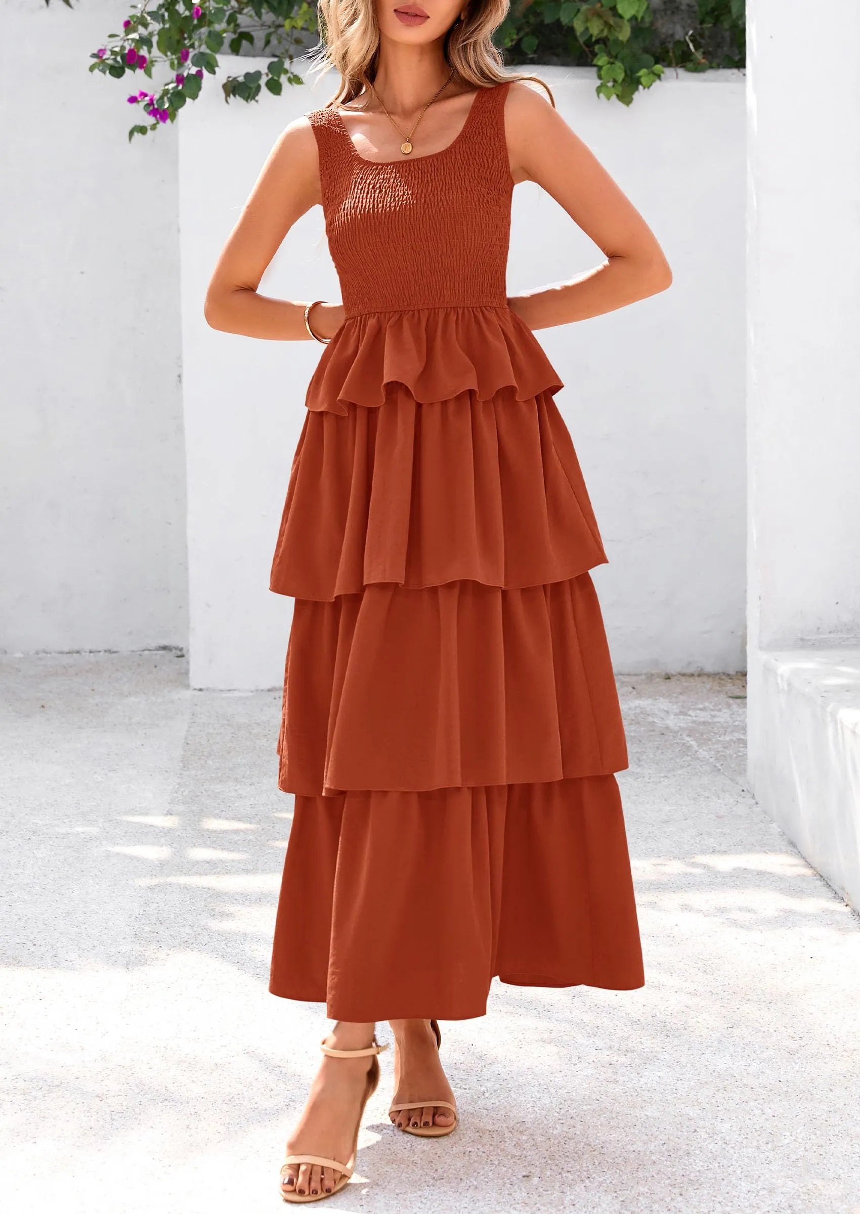 Sleeveless Scoop Neck Smocked A Line Tiered Beach Midi Dress