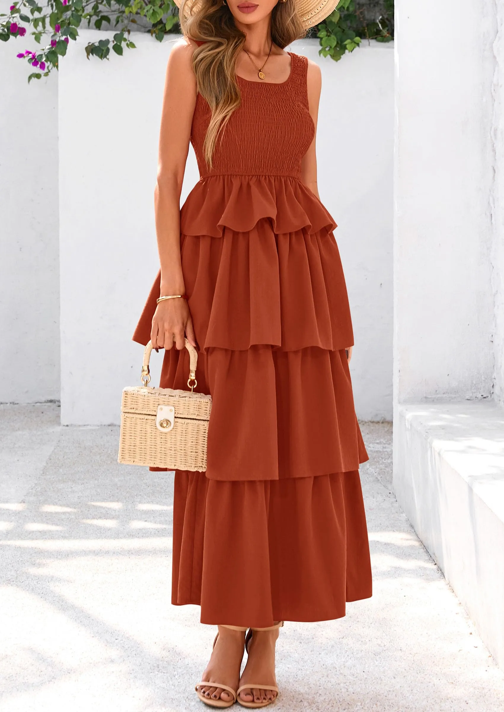 Sleeveless Scoop Neck Smocked A Line Tiered Beach Midi Dress
