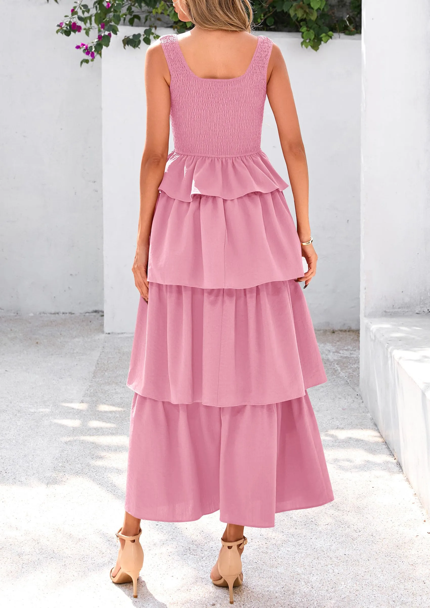 Sleeveless Scoop Neck Smocked A Line Tiered Beach Midi Dress