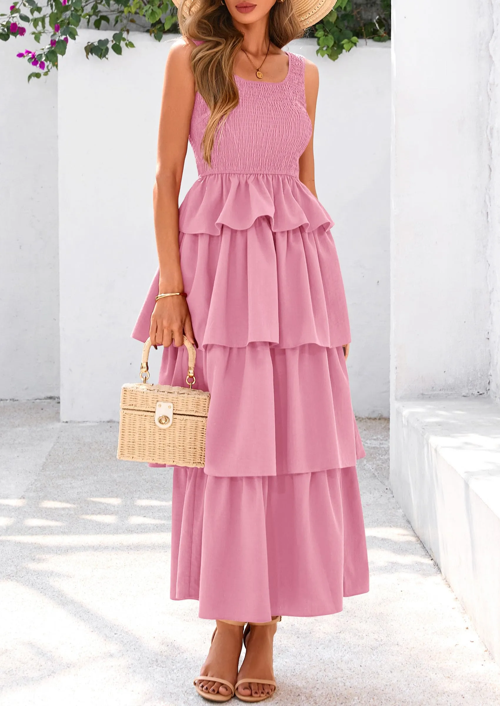 Sleeveless Scoop Neck Smocked A Line Tiered Beach Midi Dress
