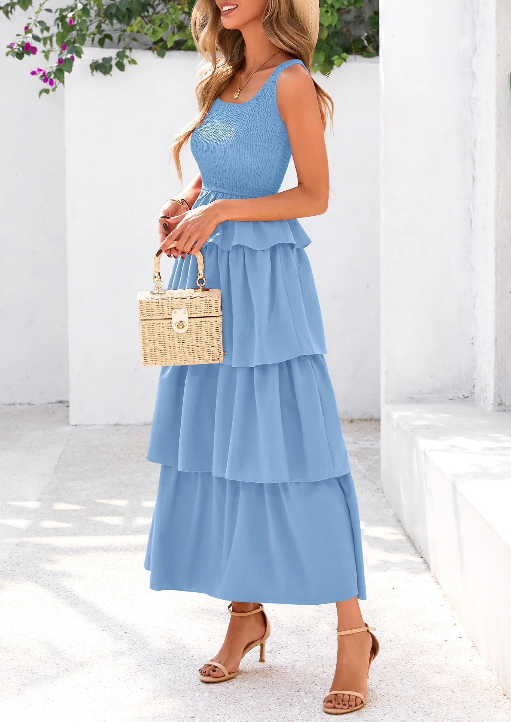 Sleeveless Scoop Neck Smocked A Line Tiered Beach Midi Dress